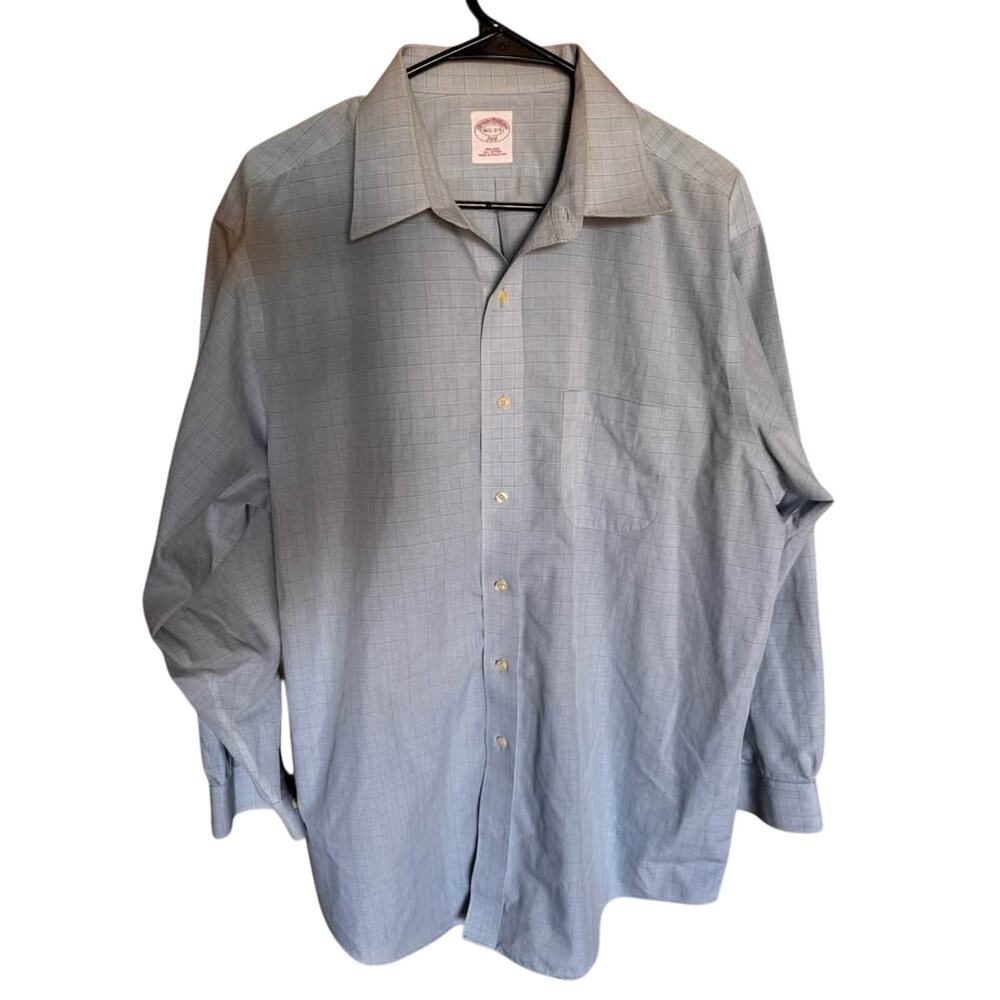 Brooks Brothers Men Dress Shirt Blue Plaid Non-Iron Cotton 16.5 34/35 Size Large